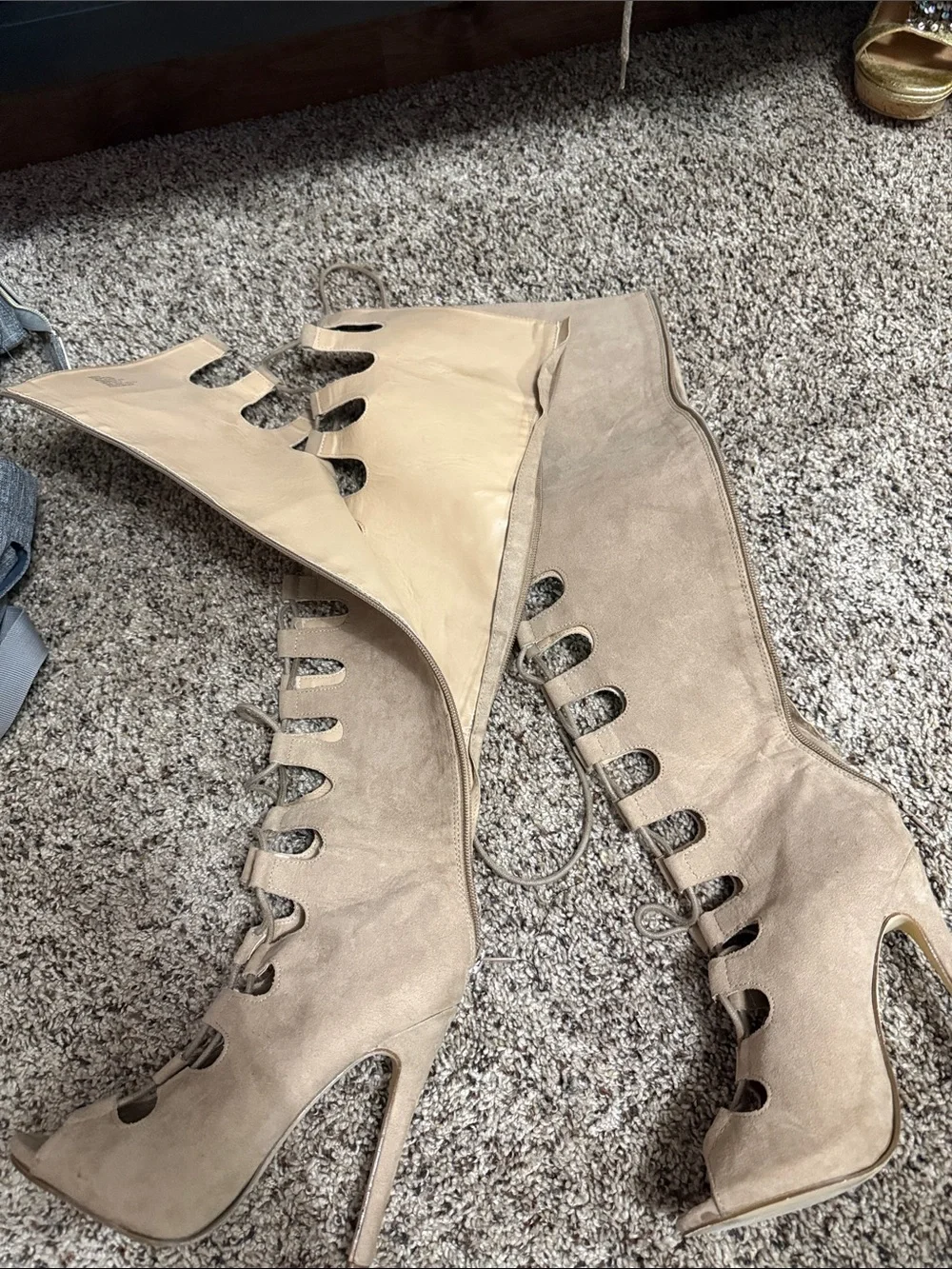 Lace-Up Over-the-Knee Stiletto Boot in Beige